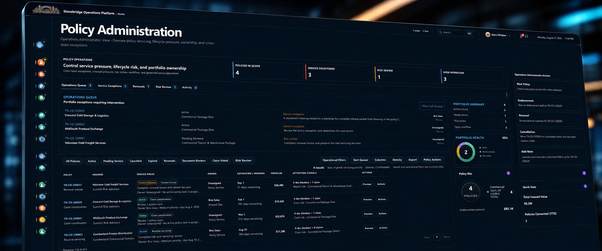 StoneBridge development preview showing insurance operations in a connected workspace